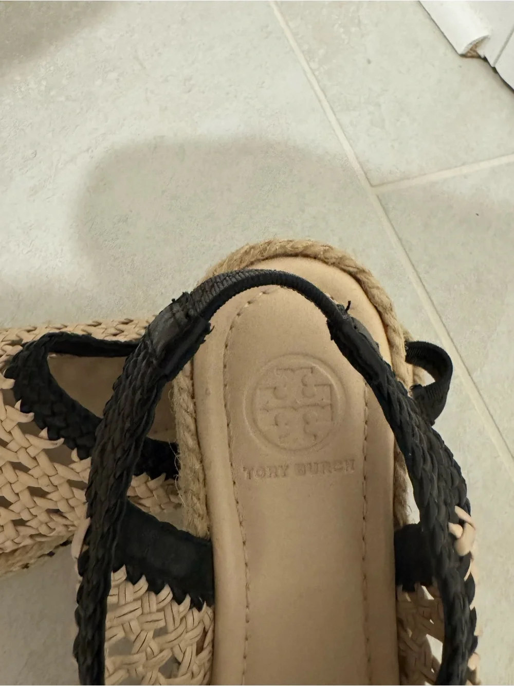 NWOB Tory Burch Dandy Woven Platform Slingback Espadrilles Black Tan Size 7M